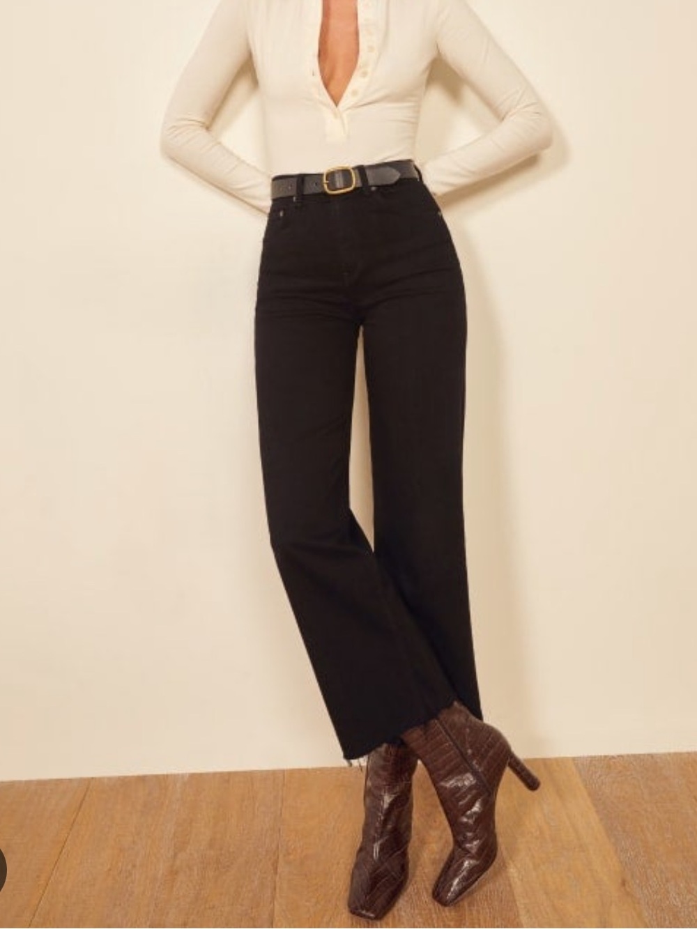 Reformation Black Emma High Rise Wide Leg Jean Cropped Organic Cotton Stretch 24